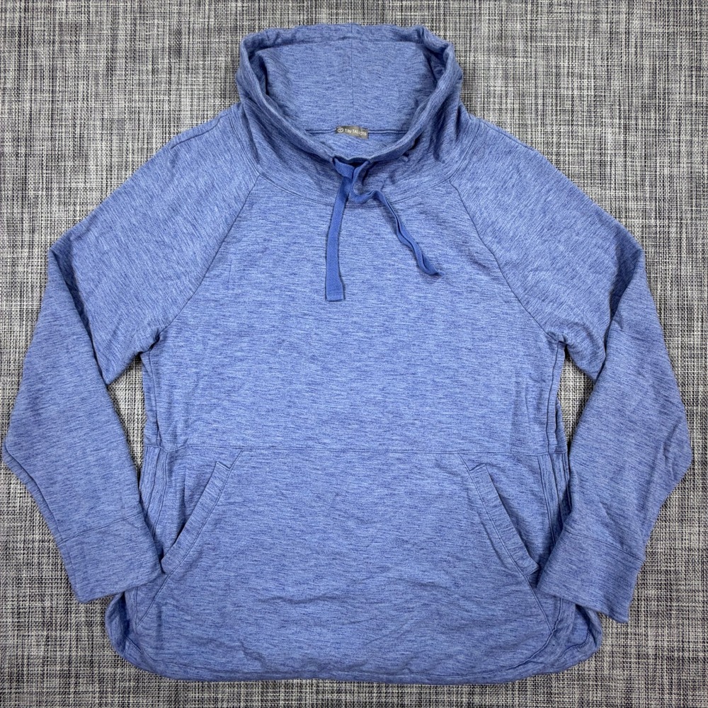 T by Talbots Women's Cowl Neck Pullover Large Blue Heather Drawstring Stretch